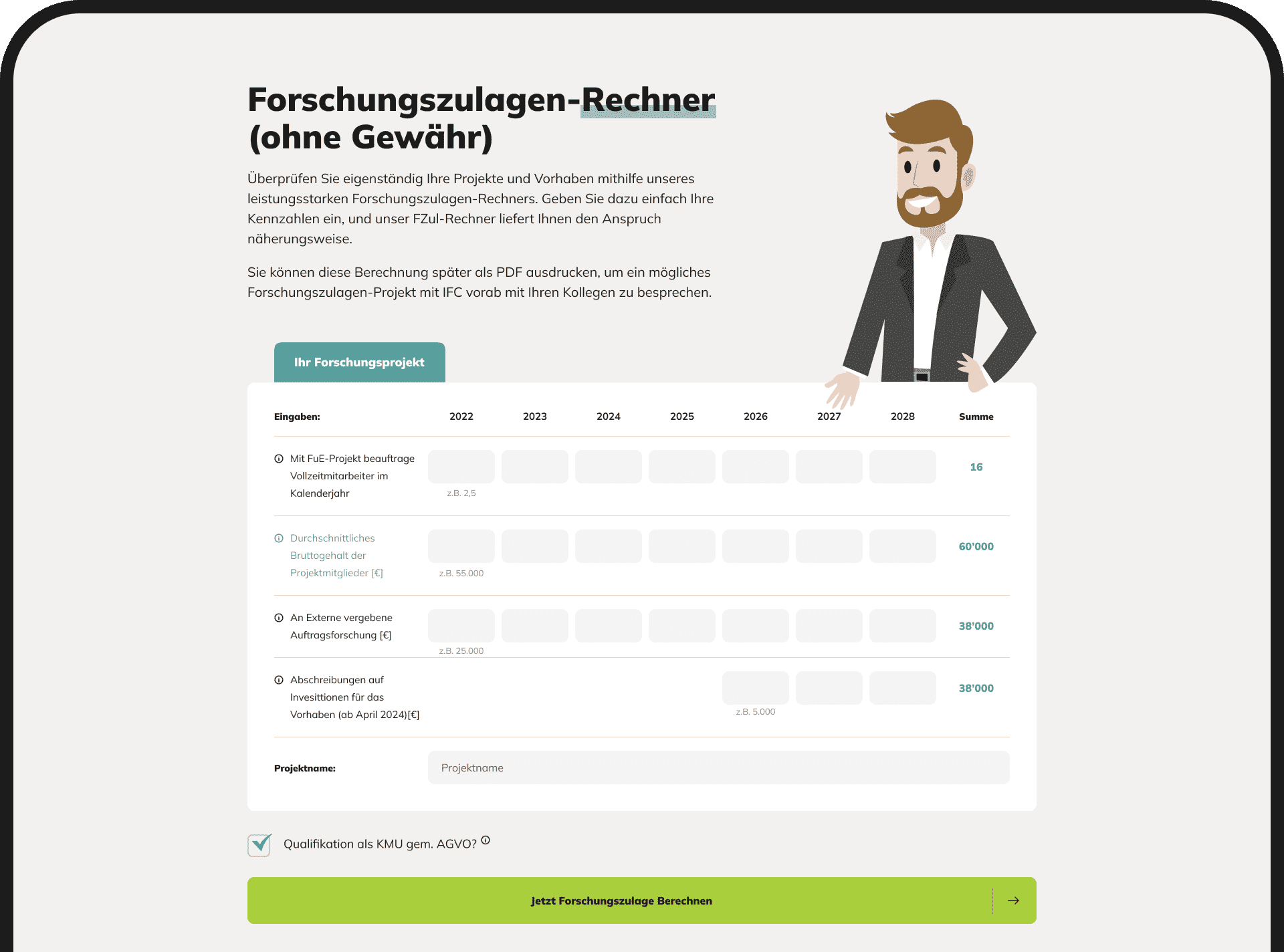Vorschau des Forschungszulagen-Rechners von InsightFunding